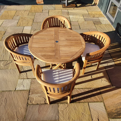 Teak Garden Furniture Set 120 cm Round Sunshine Table 4 x San Francisco Chairs Cushions Included Complete Set - Royal finesse